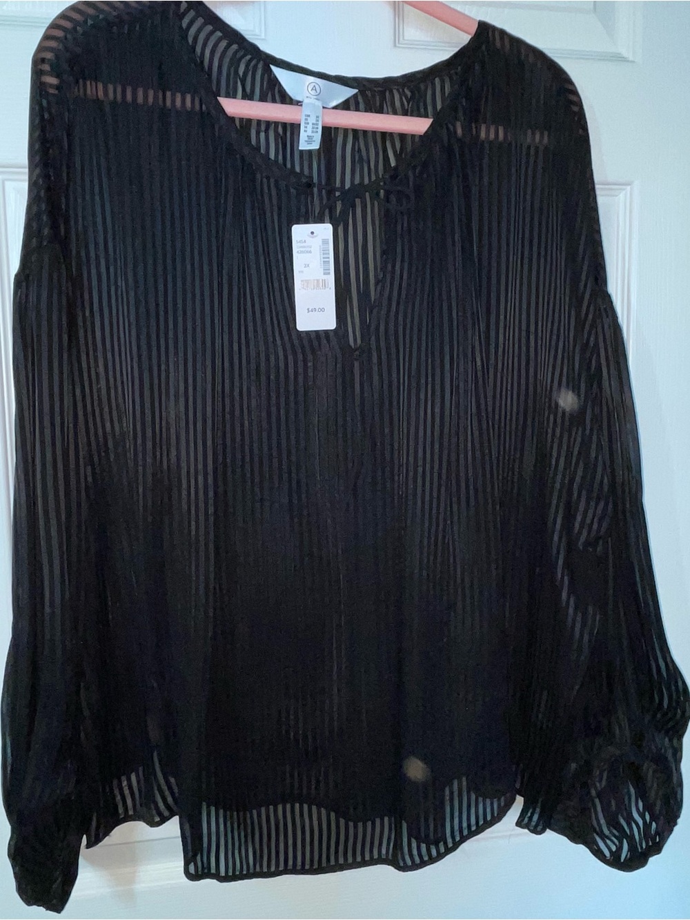 Addition Elle Black Sheer Striped Tie-Neck Blouse - Picture 4 of 15
